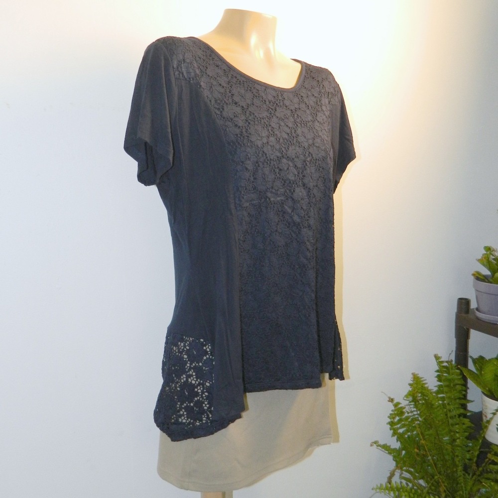 Shannon Ford New York Lace Inset Top Women Large Navy Blue Short Sleeve Scoop
